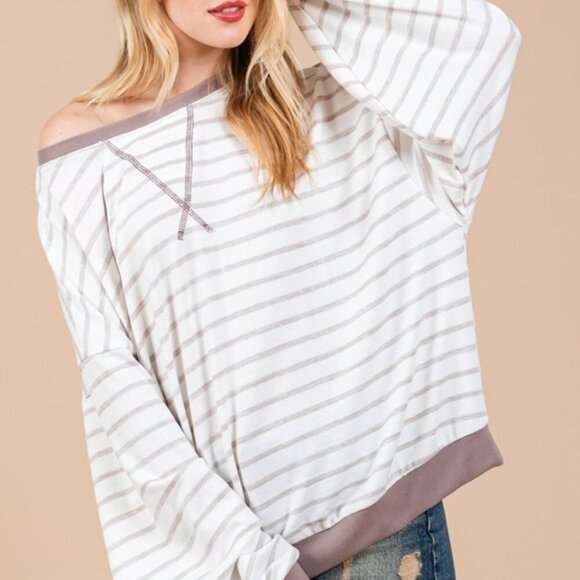 Mocha Striped Round Neck Drop Shoulder Sweatshirt - Picture 3 of 4